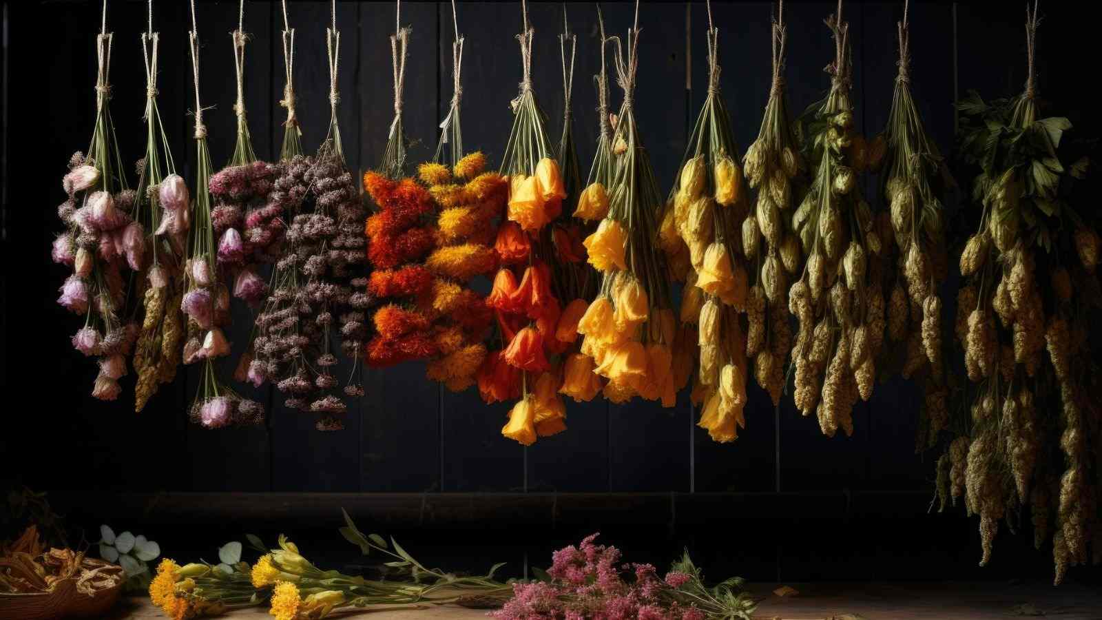 A view of colorful air drying flowers on a wire rack